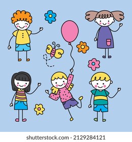 children hand drawn with flower and butterfly. vector illustration