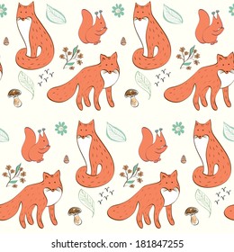 children hand drawn seamless pattern with foxes.