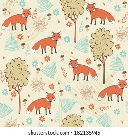 children hand drawn seamless pattern with foxes.