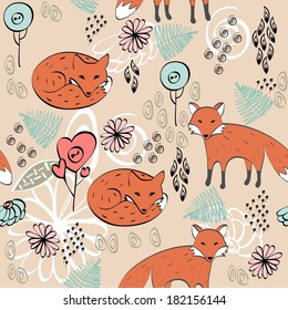 children hand drawn seamless pattern with foxes.