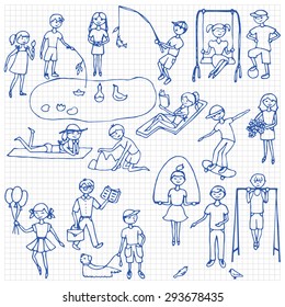 Children hand drawn set on squared paper. Vector illustration for backgrounds, card, posters, textile prints, covers, fliers