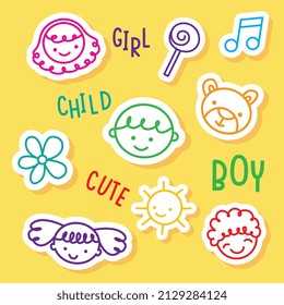 children hand drawn stickers with icons. vector illustration