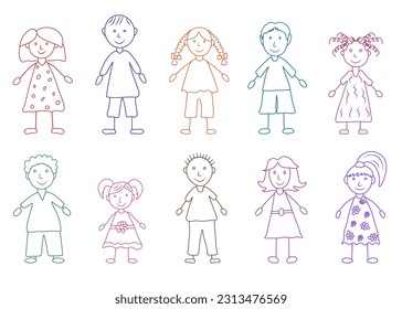 Children in hand drawn style, kid's drawing. Contour of boys and girls. Vector illustration