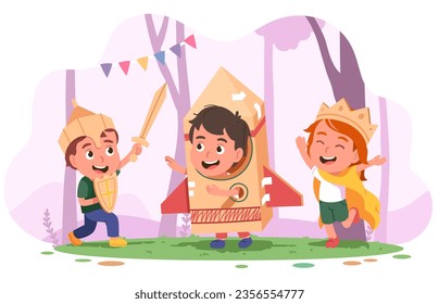 Niños en la mano hicieron disfraces de cartón de astronauta, reina, guerrero. Niños alegres jugando con disfraces de caja de bricolaje. Niño cosmonauta en cohete autofabricado, fantasía infantil, divertida ilustración vectorial plana