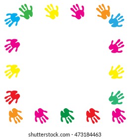Children hand prints frame. Children's palms on a white background. Vector illustration