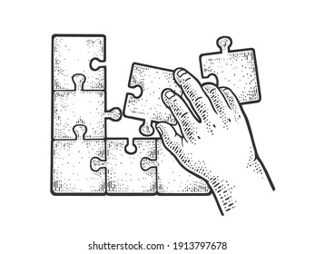 children hand and puzzle pieces sketch engraving vector illustration. T-shirt apparel print design. Scratch board imitation. Black and white hand drawn image.