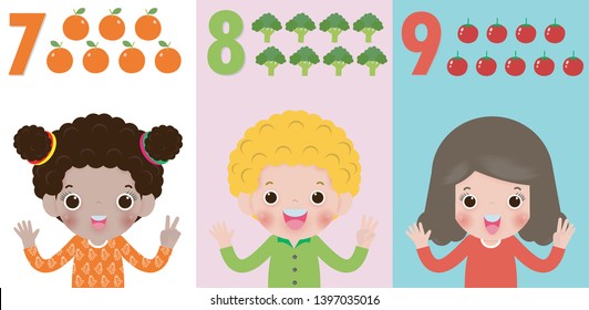 children hand showing the number Seven, eight, nine , kids showing numbers 7,8,9 by fingers. Education concept, Kids learning material vector illustration isolated on background