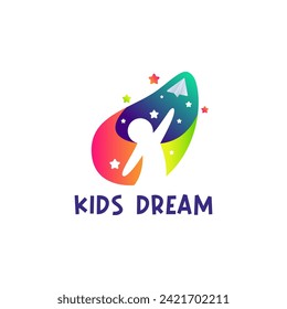 Children Hand Throwing Paper Plane, Negative Space With Multi Color Gradation Child Dream Logo Vector Icon Illustration