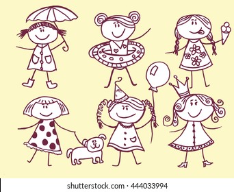 Children hand-drawn. Children's drawing. Graphic arts. Line art. Decorative children. Stylized. Black and white.