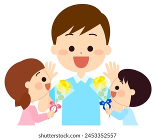 Children handing Father's Day bouquet to their father