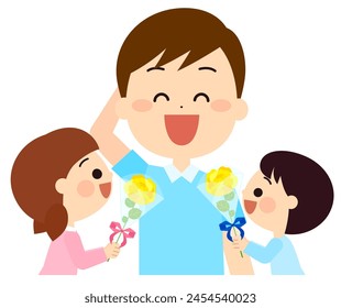 Children handing Father's Day bouquet to their father