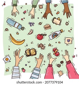 Children hands with fresh healthy lunch. picnic for kids, school lunchbox . vector illustration.