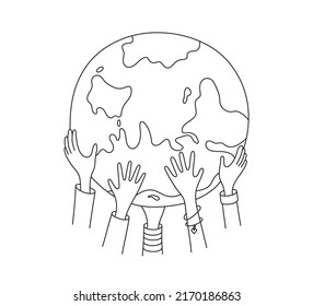 Los niños tienen la mano alrededor del mundo. Feliz Día de la Tierra. Tarjeta extraída a mano del Día Mundial de los Niños. Doodle a niños multiculturales con las manos en la tierra. Concepto de paz. Ilustración vectorial aislada en fondo blanco.