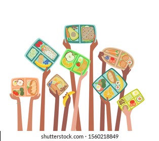 Children hands holding up lunch boxes with healthy lunches food nutrition in school concept with lunchboxes