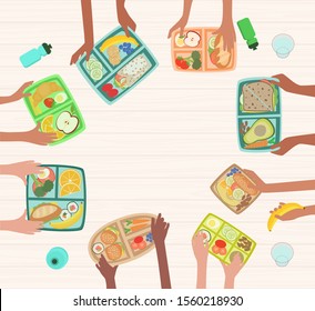 Children Hands Holding Lunch Boxes On Table With Healthy Lunches Food Nutrition In School Concept With Lunchboxes