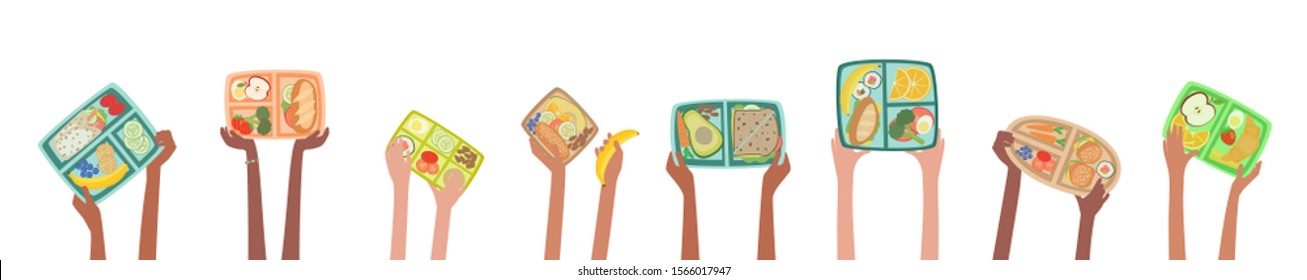 Children hands holding up lunch boxes with healthy lunches food nutrition in school concept with lunchboxes banner