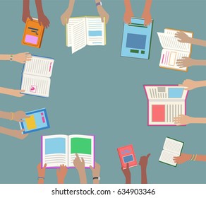 Children Hands Holding and Reading Library Books on Desk, abstract concept, ideal for flyers