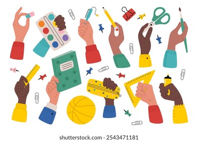 Children hands holding school supplies for studying, writing, drawing and crafting arts set. Little elementary students arms showing, carrying or using education stationery vector illustration