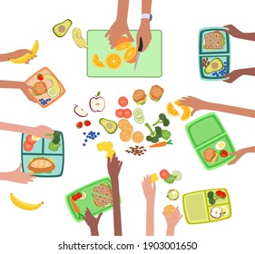 Children hands making fresh healthy lunch or picnic for kids school lunchbox grouped and layered vector easy to edit