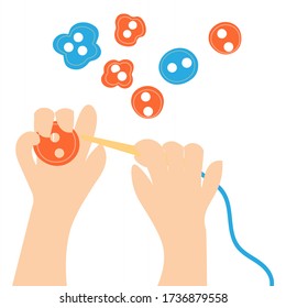 Children hands with montessori materials. Child to make thread buttons on wooden needle. Hand drawn illustration
