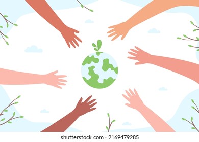 Children hands save earth. Sustainability world environment, childish hand protection round globe holding planet, naturely ecology map eco green banner vector illustration of save world environment