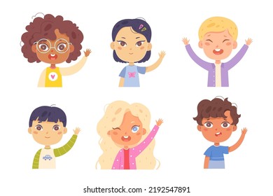 Children with hands up set vector illustration. Cartoon cute kids waving for saying bye or hello, happy schoolboys and schoolgirls standing, multicultural team of young pupils isolated on white