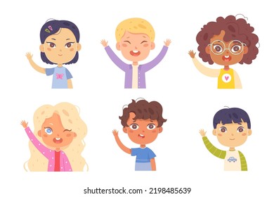 Children With Hands Up Set Vector Illustration. Cartoon Cute Kids Waving For Saying Bye Or Hello, Happy Schoolboys And Schoolgirls Standing, Multicultural Team Of Young Pupils Isolated On White