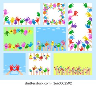 Children hands with smiling face vector illustrations. Many happy raised up kids hands in colorful paint with smiles, child palms holding heart frame shape, painted in different colors, backgrounds