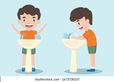 Children are hands washing. children standing at the wash basin with hand wash gel. Good practice protect from covid-19 or coronavirus. health and medical. Protect and clean virus. vector illustration