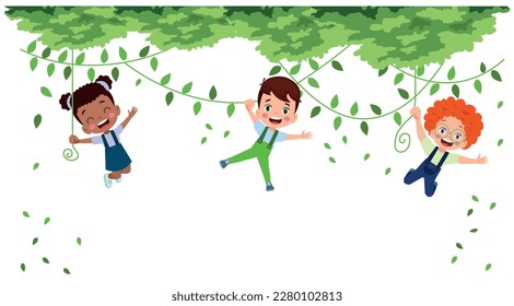 children hanging from branch playing cute