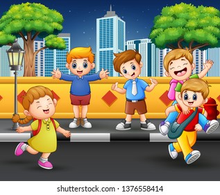 Children hanging out on the sidewalk