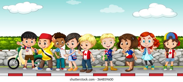 Children hanging out on the sidewalk illustration