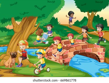 Children hanging out in the park illustration