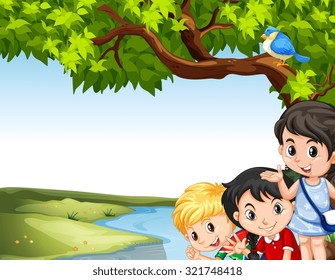Children hanging out at the river illustration