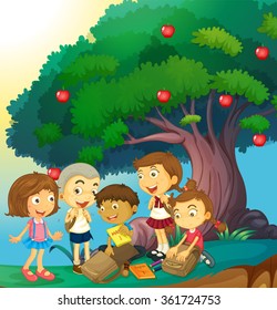 Children hanging out under the apple tree illustration