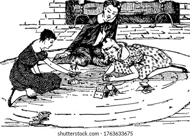 Children happily building card houses, vintage line drawing or engraving illustration.