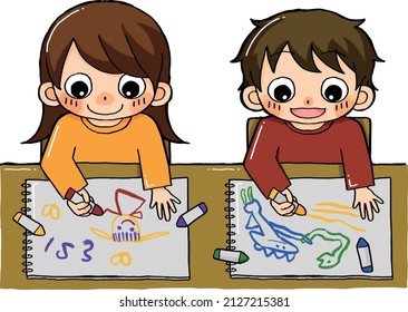 Children happily drawing on drawing paper.