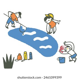 Children happily fishing for crayfish Stock Illustration
