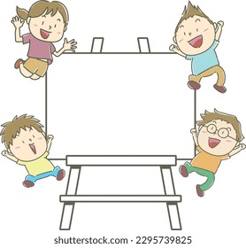 Children happily jumping around the easel frame