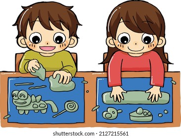 Children happily  playing with clay.