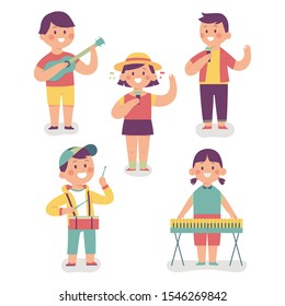 children happily playing music equipment together, a band of children playing music, singing, playing guitar and drums, character vector illustration of children