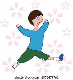 Niños corriendo alegremente con flores de cerezo
