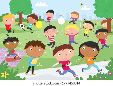 Children happily running and playing in the park.