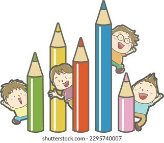Children happily sticking their faces out of big colorful pencils