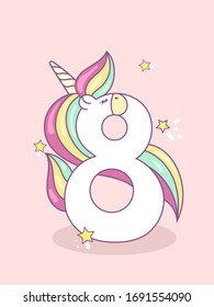 Children Happy birthday card. Greeting, invitation card or flyer. Cute number eight unicorn character.