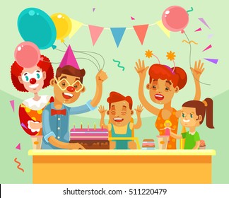 Children happy birthday. Family party. Vector flat cartoon illustration 