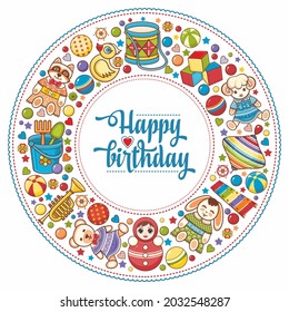 children Happy birthday greeting card for children with toys in the shape of a circle on a white background children's toys and musical instruments