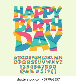 Children Happy birthday greeting card. Vector set of colorful letters, numbers and symbols