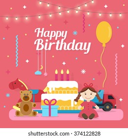 Children Happy Birthday icons set with toys and cake. Party and celebration design elements. Flat style vector illustration.