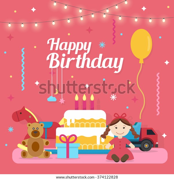 Children\
Happy Birthday icons set with toys and cake. Party and celebration\
design elements. Flat style vector\
illustration.